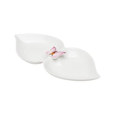 Imagem de Petisqueira de Porcelana Branca C/2 Divisórias Borboletas 22x10cm Wolff