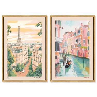 Imagem de Blush Parisian Glam conjunto de 2 painéis impressão em tela arte de parede glamorosa por Art Remedy, moldura dourada, 50 x 76 cm