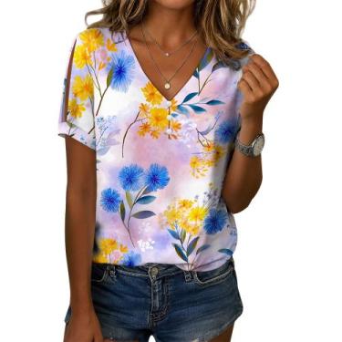 Imagem de Blusa feminina Zhyaj com estampa floral boho com decote em V e manga c