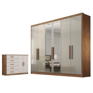 Imagem de Guarda Roupa Casal Linea Com Espelho E Cômoda Seul Cumaru 25 Fendi - Novo Horizonte