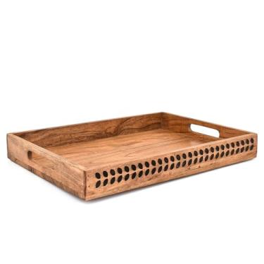 Imagem de Hanol Travessa de madeira de acácia para mesa de centro com alças embutidas para casa, cozinha, sala de estar e presentes (40,6 cm x 30,5 cm x 5 cm)