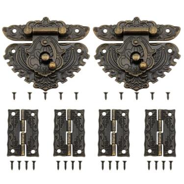Imagem de XZW Dobradiças e travas de caixa de joias de bronze verde para ferragens de caixa de joias, 2 peças de travas e 4 peças de dobradiças com kits de parafusos correspondentes, 2 conjuntos