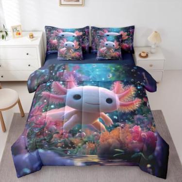 Imagem de Jogo de cama casal e edredom com estampa de salamandra marinha, 7 peças, estampa de salamandra azul em uma bolsa, estampa kawaii, folhas de plantas, animais selvagens, desenho animado