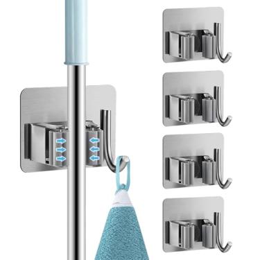 Imagem de Hizypaixin Suporte de parede para vassoura, esfregão e vassoura, suporte de parede com ganchos, suportes de vassoura de aço inoxidável, 4 peças para banheiro, lavanderia, prata