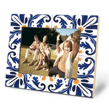 Imagem de Yomisex Porta-retrato étnico mexicano com padrão de azulejo 10 x 15 cm, porta-retratos de Portugal Mediterrâneo, porta-retratos tradicionais portugueses Azulejos para decoração de mesa e parede