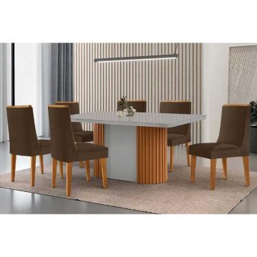 Imagem de Sala Jantar Mesa Pilar Curvo 180cm + 6 Cadeiras Dakota Madeira Naturale/Off White - Capuccino/Suede Marrom - Rufato