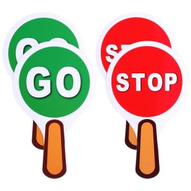 Imagem de LXUEJIE Pacote com 4 luzes de sinalização portáteis Stop & Go, protetor de cruzamento à prova d'água dupla face com alça, placa de sinalização de trânsito para estudantes que ensinam segurança no