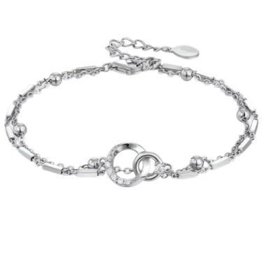 Imagem de Pulseira feminina de prata com anéis duplos geométricos, corrente de prata esterlina 925 ajustável, enfeite de zircônia, presente de luxo em caixa