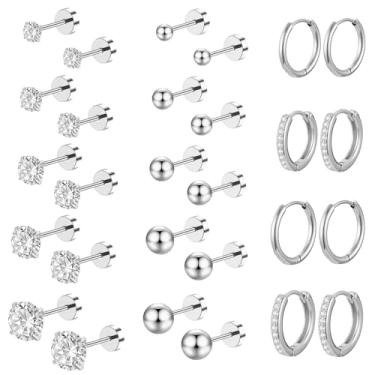 Imagem de Brincos hipoalergênicos com costas planas para mulheres e homens, brincos de aço cirúrgico para orelhas sensíveis, ouro 14K, pequenos brincos de argola de aço inoxidável, conjunto de brincos de