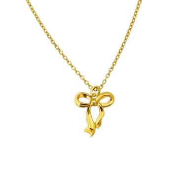 Imagem de Colar com laço feminino - pingente de laço delicado de aço inoxidável banhado a ouro 18K - lindo colar de fita - laço de pérola - joia impermeável sem manchas - presente de Natal para ela, Small, Aço