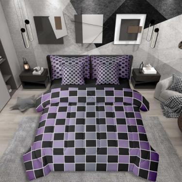 Imagem de Erosebridal Jogo de cama solteiro xadrez preto, 7 peças, roxo, cinza, ombré, com lençol com lençol de búfalo, quadriculado, para crianças e adultos, conjunto de cama de guingão