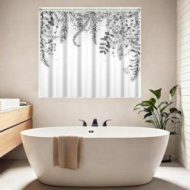 Imagem de Leyiyi Cortina de chuveiro curta, cortina de chuveiro com folhas de eucalipto cinza à prova d'água com ganchos para banheira ou banheira, conjuntos de cortinas de banho de sálvia com plantas botânicas