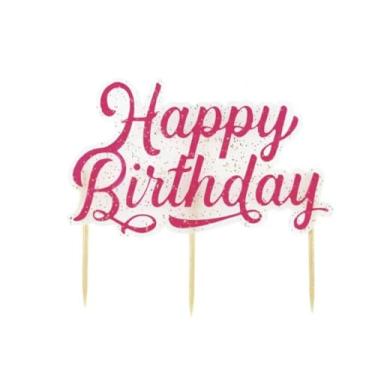 Imagem de Vela de palheta de feliz aniversário com glitter rosa, tamanho grande, 12 x 2 x 11 cm, pacote com 6, enfeite decorativo de bolo