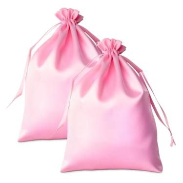 Imagem de Fampery 2 bolsas de peruca de cetim de seda, 34,5 x 25 cm, bolsa de viagem e presente rosa acetinado com borla de cordão, bolsas de cabelo para embalagem de peruca, feixes, extensões de cabelo, sacos