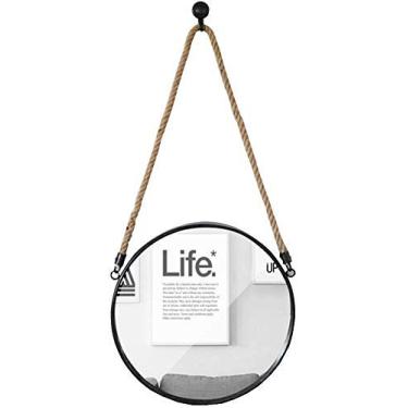 Imagem de Espelho de maquiagem Rural Redondo Impermeável Espelho de Metal Preto Antigo Banheiro Sala de Estar Espelho de Fundo Espelho de Salão de Beleza Espelho Pendurado na Parede com Corda de Cânhamo