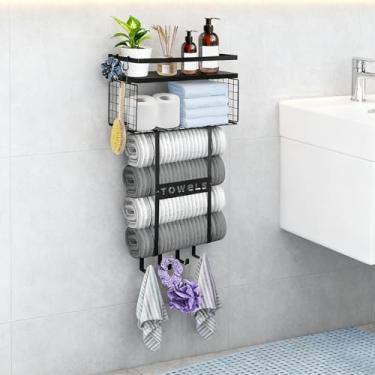 Imagem de RETON Toalheiro para banheiro, toalheiro de metal montado na parede com cesta de armazenamento, suporte de armazenamento de toalha de banho preto com prateleira para organizador de toalhas enroladas