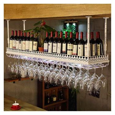Imagem de Bar pendurado de cabeça para baixo prateleiras de ferro frontais iluminadas para taças de teto rack de vinho armário de vinho (cor: marrom Tamanho: 120 * 35 cm)