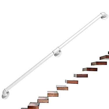 Imagem de Corrimão de escada - kit completo, corrimão de tubo branco industrial de escada com suporte de montagem na parede, casa contra a parede, grades internas e externas para idosos (tamanho: 2,4 m)