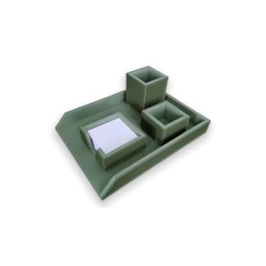 Imagem de Kit Escritório Organizador de Mesa Eco Office em Couro Ecológico - Porta Papel A4, Porta Lápis, Porta Clips e Porta Rascunho (Musgo)