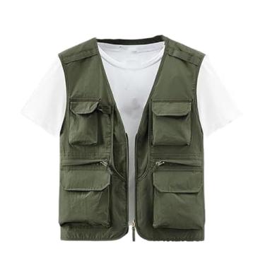 Imagem de Colete De Pesca Verão Para Homem, Colete Cargo Leve Sem Mangas Com Fecho E Malha Respirável Com Vários Bolsos Para Homem, Acampamento Prova Vento Impermeável Fecho, Para Caminhadas(Military green,XL)