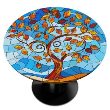 Imagem de hongjinglin Toalha de mesa redonda com borda elástica de vidro de árvore, toalha de mesa redonda para decoração de cozinha de 114 a 142 cm