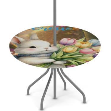 Imagem de hongjinglin Toalha de mesa de Páscoa para uso ao ar livre com orifício para guarda-chuva, toalha de mesa redonda elástica com zíper, impermeável, limpável, para piquenique, festa, pátio, serve para