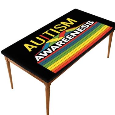 Imagem de hongjinglin Toalha de mesa retangular de 1,8 m elástica ajustada com palavras coloridas para autismo, capa de mesa retangular, impermeável, lavável, protetor de mesa para piquenique, jantar, cozinha