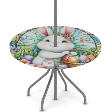 Imagem de hongjinglin Toalha de mesa de Páscoa para uso ao ar livre com orifício para guarda-chuva, toalha de mesa redonda elástica com zíper, impermeável, limpável, para piquenique, festa, pátio, serve para