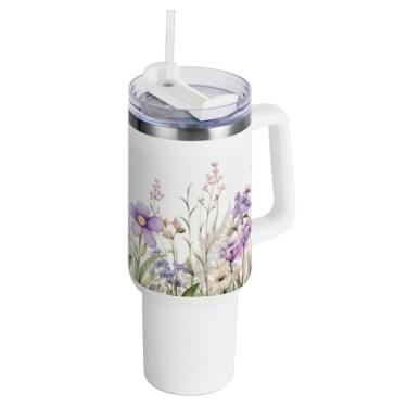 Imagem de xigua Copo vintage de flores silvestres de 1,134 g com alça e canudo, aço inoxidável duplo isolado a vácuo garrafa de água suporte de copo de garrafa de água amigável à prova de vazamento copo de