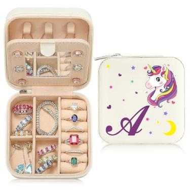 Imagem de Caixa de joias de viagem organizadora para presentes pequena fofa personalizada presente de aniversário natal para filha anel colar brinco caixa organizadora branca letra A-Z