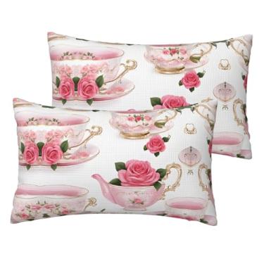 Imagem de Xícaras de chá com rosas românticas gastas - Conjunto de 2 fronhas de linho de imitação macia, capas reversíveis respiráveis para cama e sofá, decoração com zíper oculto