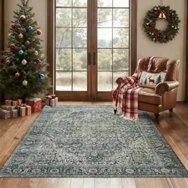 Imagem de BILEEHOME Tapete para sala de estar, vintage, floral, impermeável, antiderrapante, para homens, escritório, pisos de madeira, quarto, verde-esmeralda escuro