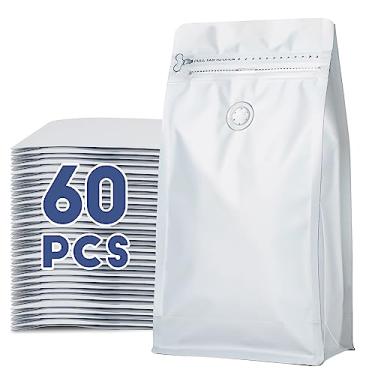 Imagem de Sacos de café com válvula (60 peças, 113 g, 0,1 kg) sacos de grãos de café de alta barreira folha de alumínio fundo plano selado a quente zíper lateral saco de armazenamento de frutas liofilizadas