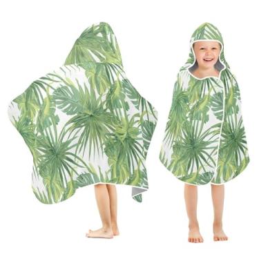 Imagem de Burbuja Toalha de banho com capuz de folhas tropicais para crianças, toalha de praia de pelúcia macia absorvente para chá de meninas e meninos 3-10 anos, 61 x 127 cm
