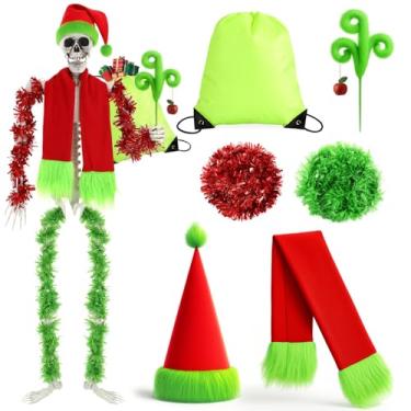 Imagem de Yuxung 8 peças de acessórios de esqueleto de Natal de 3,6 m, fantasia de Papai Noel, chapéu peludo grande e cachecol, guirlanda vermelha e verde e bolsa para roupas de esqueleto de Natal, decoração de