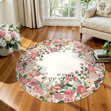 Imagem de Wonnitar Tapete lavável de área redonda de 1,2 m, tapetes florais de camélia rosa para quarto de meninas, tapete francês macio de pilha baixa para quarto de criança (rosa, 1,2 m redondo)