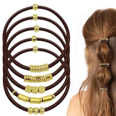 Imagem de SISYOUP Pulseira marrom para mulheres, pacote com 5 lindos suportes elásticos de rabo de cavalo de 3 mm de espessura, acessórios para cabelo grosso, sem danos, elásticos com contas de rabo de cavalo