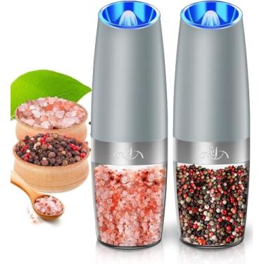 Imagem de Rongyuxuan Conjunto de moedor de sal e pimenta por gravidade, moedor de pimenta com rotor de cerâmica, recipiente de acrílico, meio de aço inoxidável, luz LED azul, alimentado por bateria, grossura