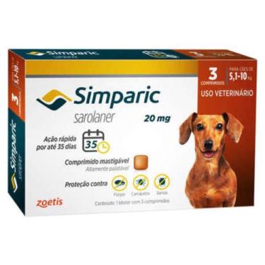 Imagem de Antipulgas e Carrapatos Simparic Para Cães de 5,1 a 10Kg 20mg Com 3 Co