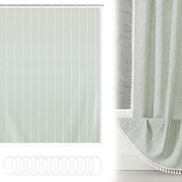 Imagem de UKQRRTC Cortina de chuveiro boho, cortinas de banho à prova d'água com borla branca com 12 ganchos de plástico, bege texturizado de 183 x 183 cm, secagem rápida, longa duração e resistente a rugas