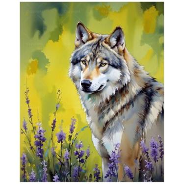 Imagem de Wildlife Paint by Numbers Kit para adultos – Pintura DIY de lobo e lavanda em tela, 40 x 50 cm, conjunto de tinta acrílica, adequado para iniciantes, arte para decoração de casa ou presentes
