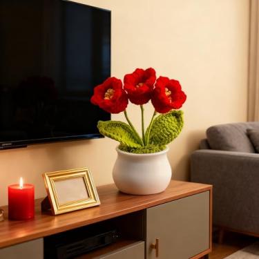 Imagem de Crochê Lírio do Vale, flores artificiais tricotadas feitas à mão, decoração floral de sino para decoração de mesa de casa (vermelho)