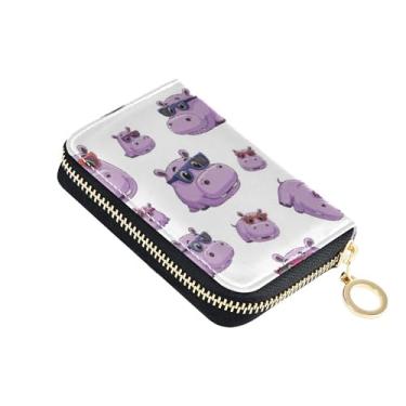 Imagem de Carteira feminina com estampa de óculos coloridos hipopótamos roxos, porta-cartões com bloqueio de RFID, carteira de viagem minimalista com zíper e chaveiro