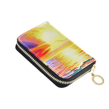 Imagem de Carteiras de cartão de crédito com bloqueio de RFID para mulheres carteira de viagem de couro com zíper brilhante veleiro mar pôr do sol