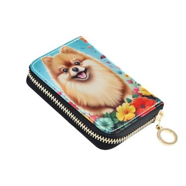 Imagem de Carteira feminina de couro com bloqueio de RFID, carteira pequena com zíper, porta-chaves, lindo cachorro da Pomerânia, flores coloridas