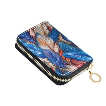 Imagem de Carteira feminina pequena com zíper com bloqueio de RFID, porta-cartão de crédito, gota de penas em aquarela azul, carteira masculina com bolso para moedas