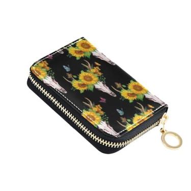 Imagem de Carteira feminina preta com caveiras de veado, girassóis, porta-cartões, pequena e fofa, com bloqueio de RFID, bolsa de moedas estética com zíper