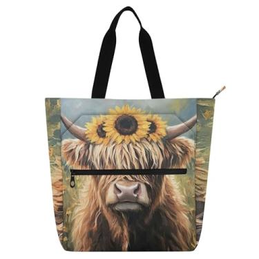 Imagem de GAIGEO Bolsa feminina Happy Cow com estampa de girassol para trabalho, escola, viagem, bolsa de ombro com zíper médio