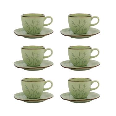 Imagem de Cj 6 Xícaras P/Chá C/Pires de Porcelana Orgânico Ryo Bambu Verde/Marrom 220ml Oxford