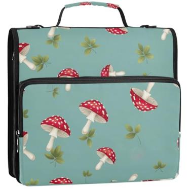Imagem de Cogumelos brancos vermelhos extravagantes 3,8 cm, fichário com 3 anéis, bolsa organizadora de fichários escolares com alça de ombro, estojo de armazenamento floral com alça, 34,5 x 31,5 x 9 cm
